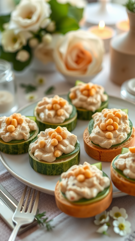 A plate of chickpea and cucumber sandwiches garnished with chickpeas, amidst a floral setting.