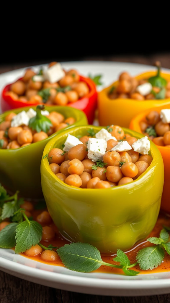 Colorful bell peppers stuffed with chickpeas and feta cheese, garnished with fresh herbs.