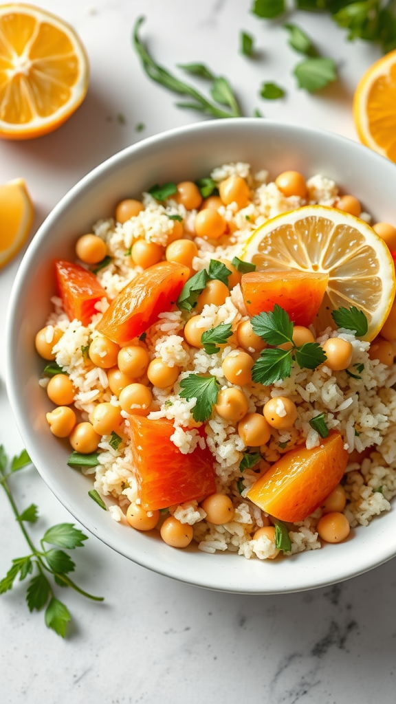 A bowl of Chickpea and Rice Salad with citrus fruits and fresh herbs