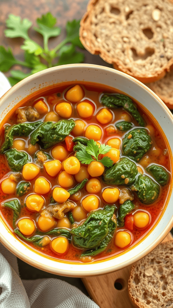 A bowl of chickpea and spinach stew with slices of bread on the side.