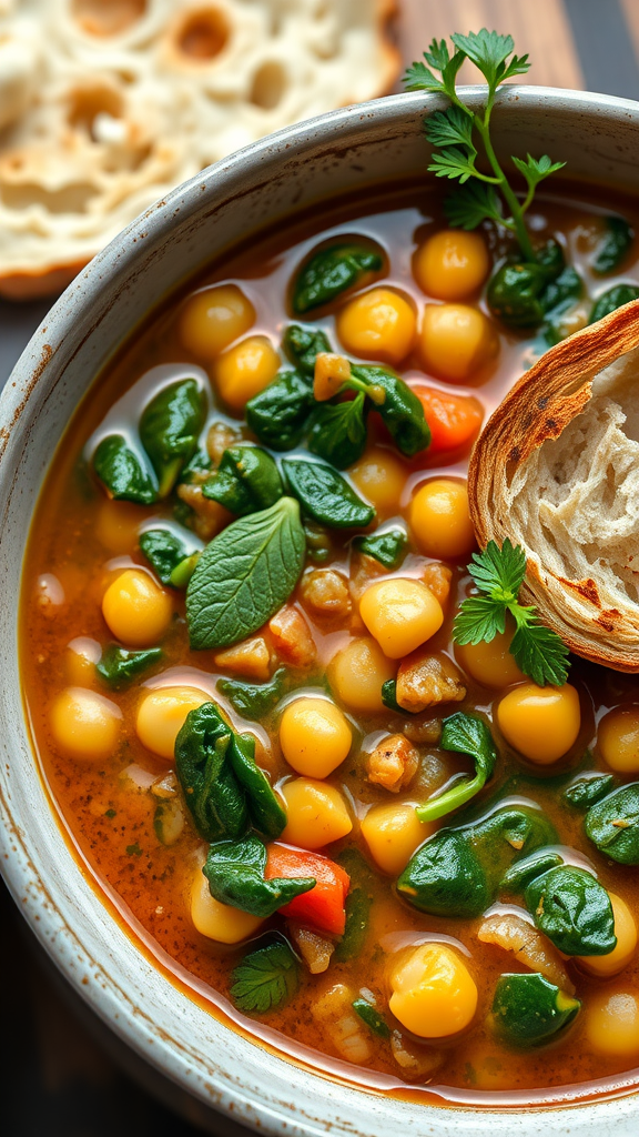 A bowl of chickpea and spinach stew with a slice of bread on the side