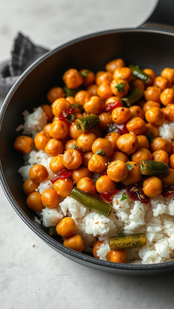 A bowl of chickpea and veggie stir-fry on rice, featuring vibrant chickpeas and green beans.