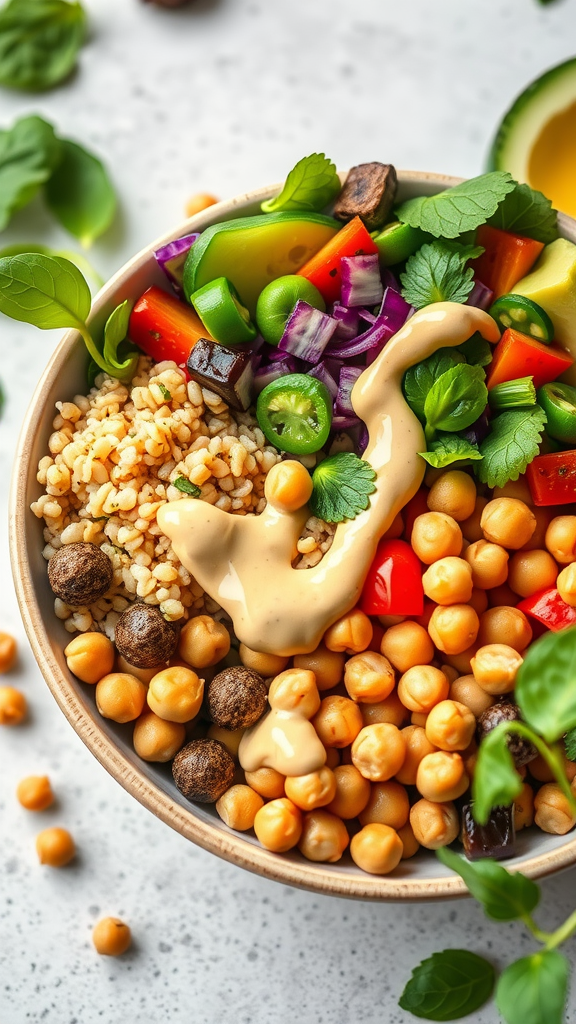 Chickpea Buddha Bowl with colorful vegetables and tahini dressing