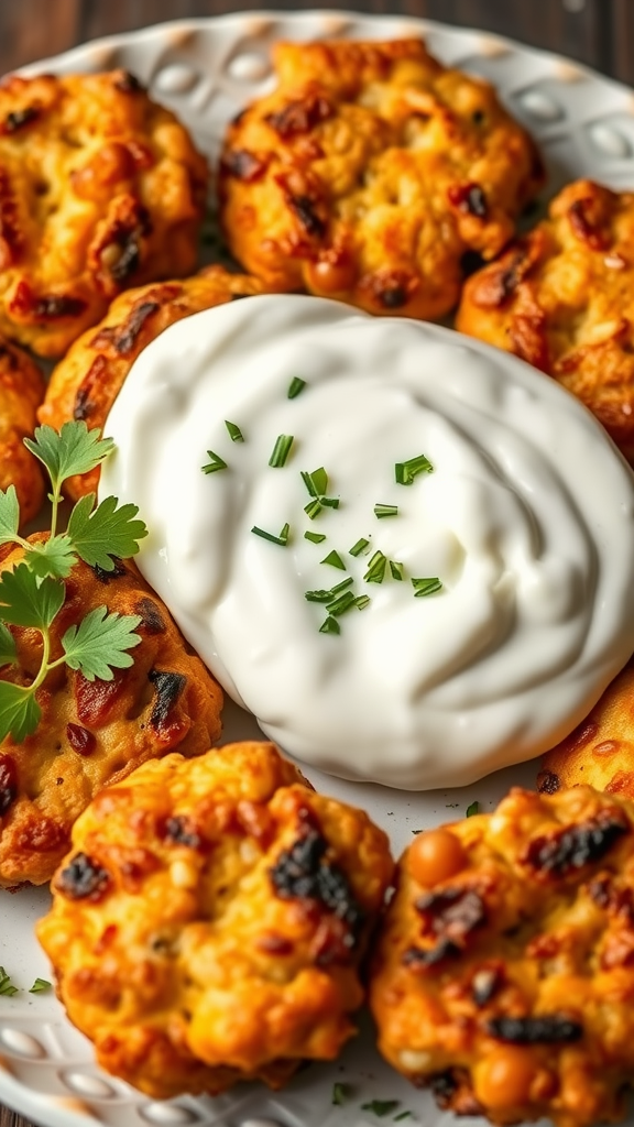 A plate of chickpea fritters served with a creamy yogurt dip and sprinkled herbs.