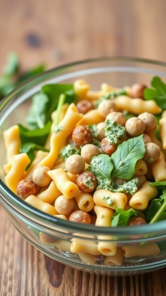 A glass bowl filled with chickpea pasta salad, featuring chickpea pasta, greens, and pesto.