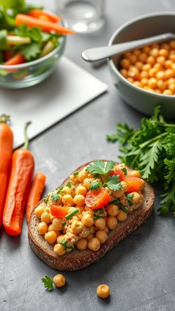 Chickpea salad sandwich with tomatoes and herbs on whole grain bread, surrounded by fresh vegetables.