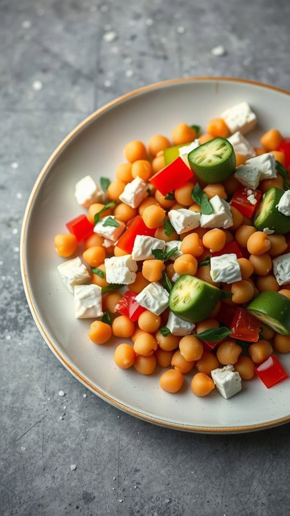 A colorful chickpea salad with feta cheese, tomatoes, and cucumbers on a white plate.