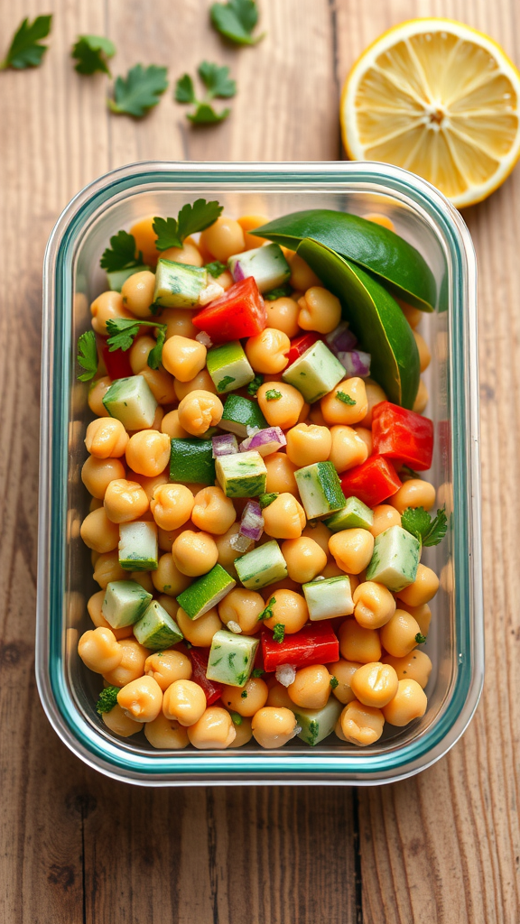 Chickpea salad with diced cucumbers, red and green bell peppers, and lemon garnish in a glass container.