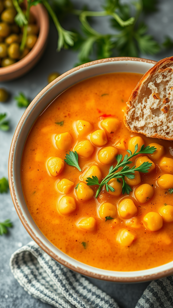 A bowl of chickpea soup garnished with fresh herbs and a slice of bread on the side.