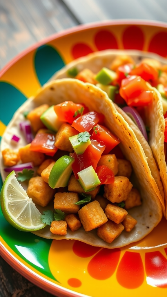 Three delicious chickpea tacos filled with fresh vegetables on a colorful plate.