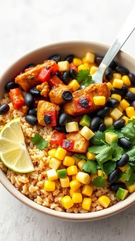 A colorful Chili Lime Chicken Bowl with rice, black beans, corn, bell peppers, and lime.