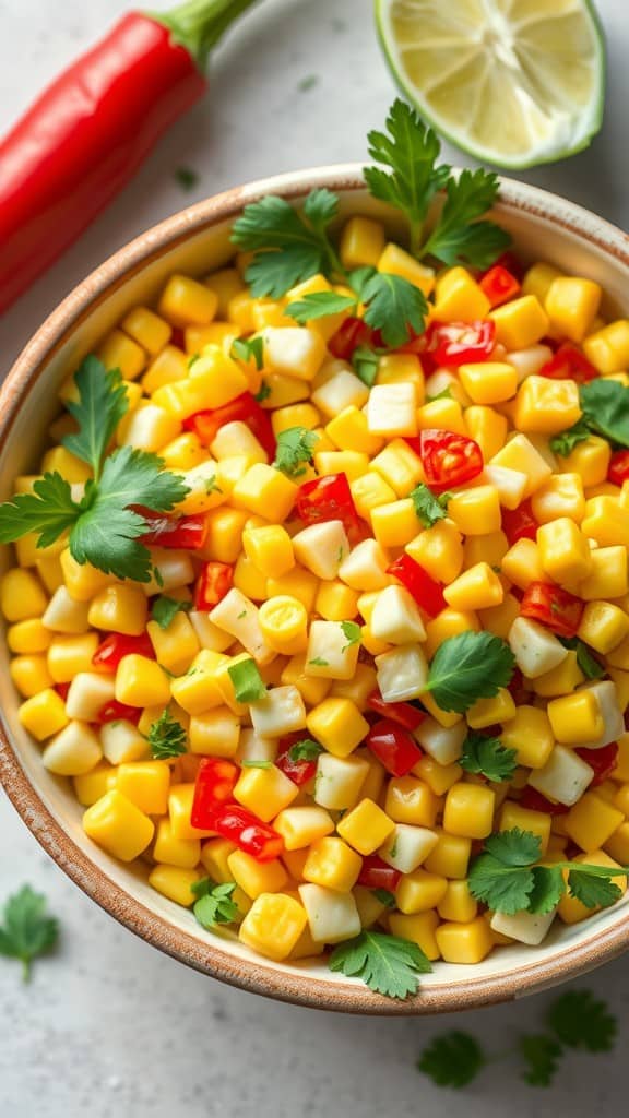 A bowl of colorful Chili Lime Corn Salad with corn, red peppers, and cilantro.