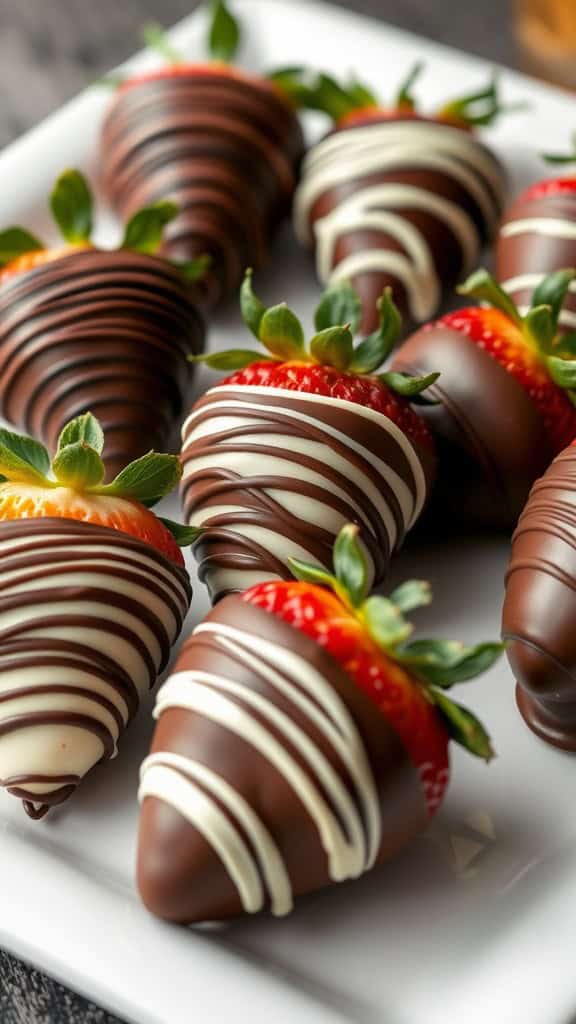 A plate of chocolate-covered strawberries with white chocolate drizzles on top