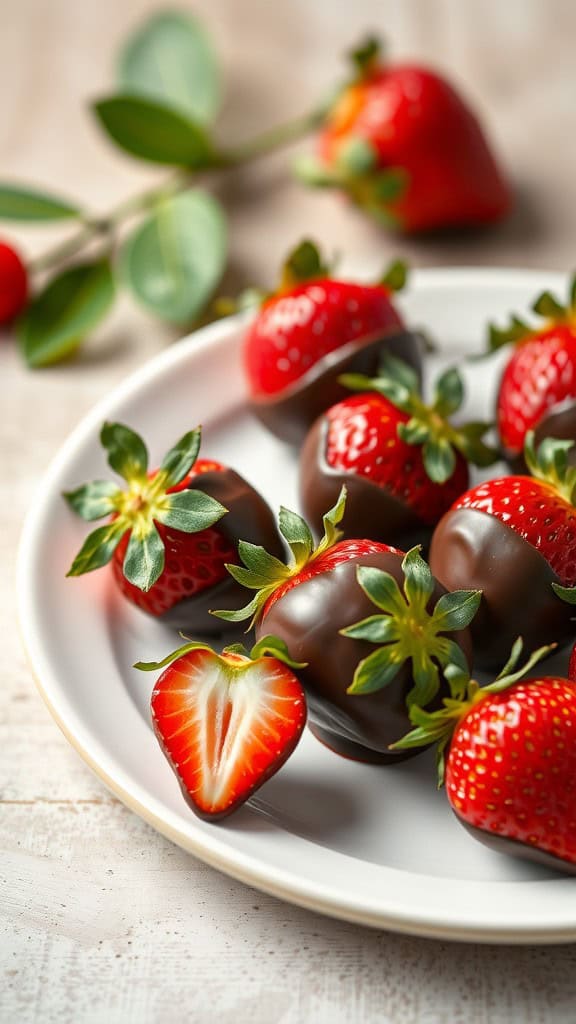 A plate of chocolate-dipped strawberries, some whole and one cut in half, showcasing their juicy red interior.