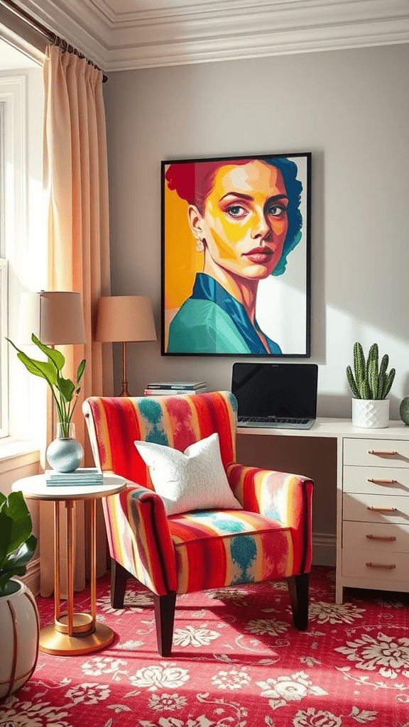 A colorful chair with a bold pattern in a cozy corner, accompanied by a vibrant portrait on the wall.