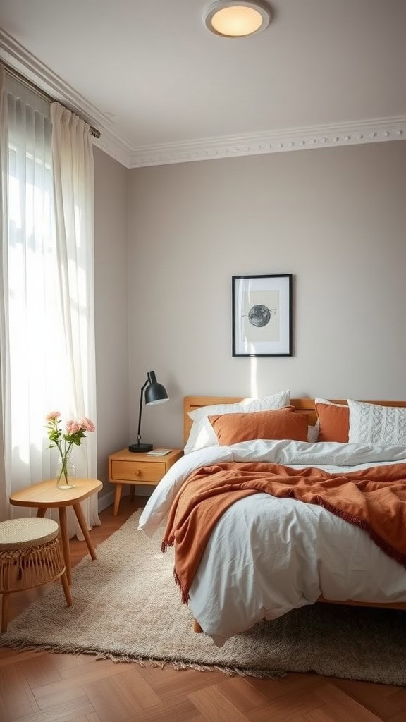 A cozy minimalist bedroom featuring a bed with orange accents, light wood furniture, and a warm atmosphere.