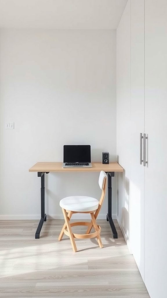 A minimalist office setup with a desk and chair in a bright room