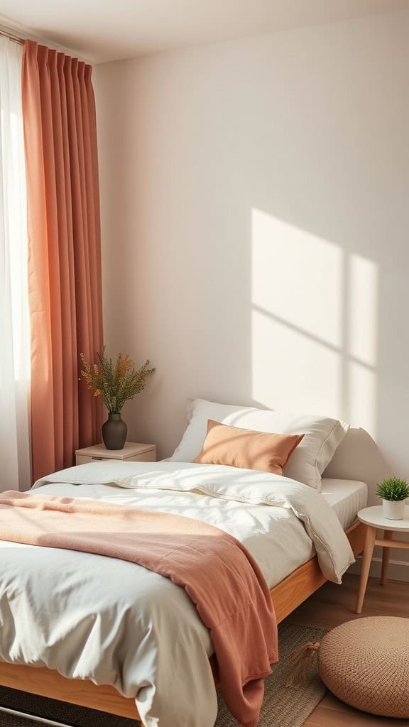 Cozy adult bedroom featuring a neatly made bed with light gray and peach bedding, soft curtains, and minimal decor.