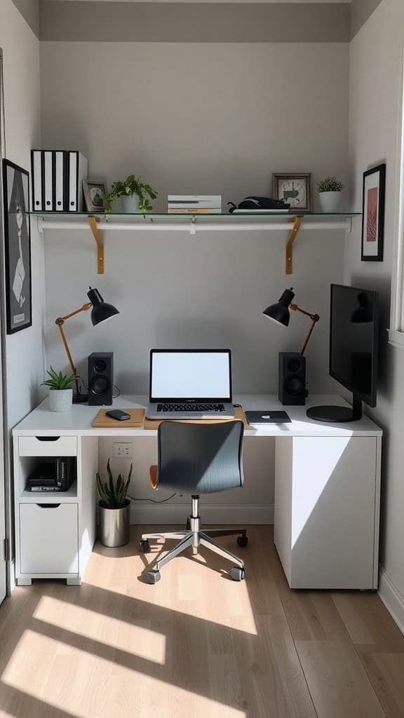 A modern desk setup in a small office, featuring a computer, desk lamp, and plants.