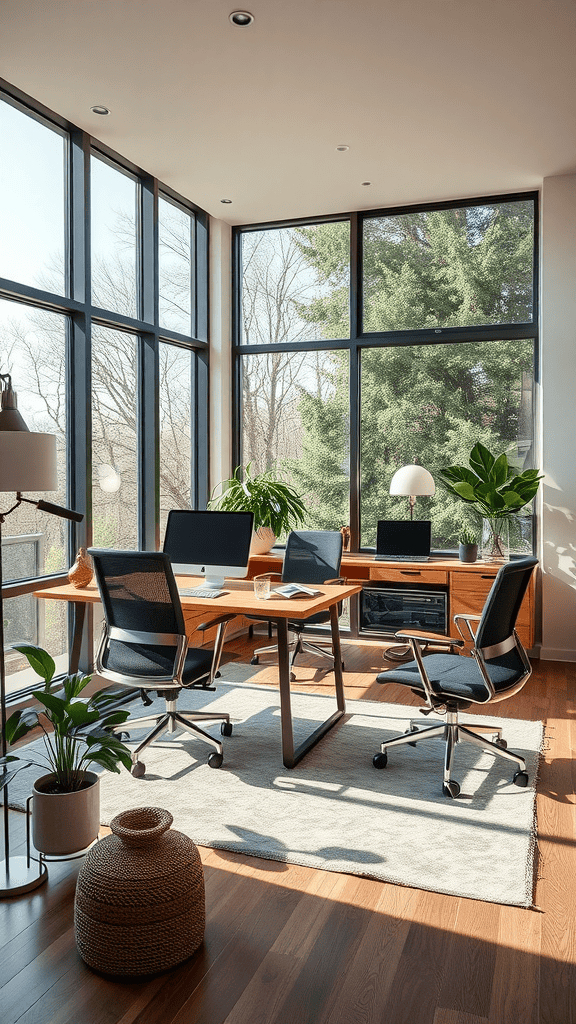 A bright and modern workspace with large windows, plants, and stylish furniture.