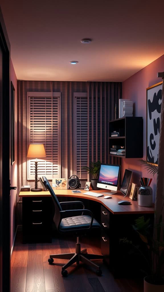 Cozy home office with warm lighting and a desk setup.