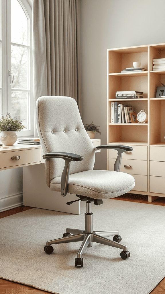 A stylish office chair in a modern workspace with a desk and bookshelf.