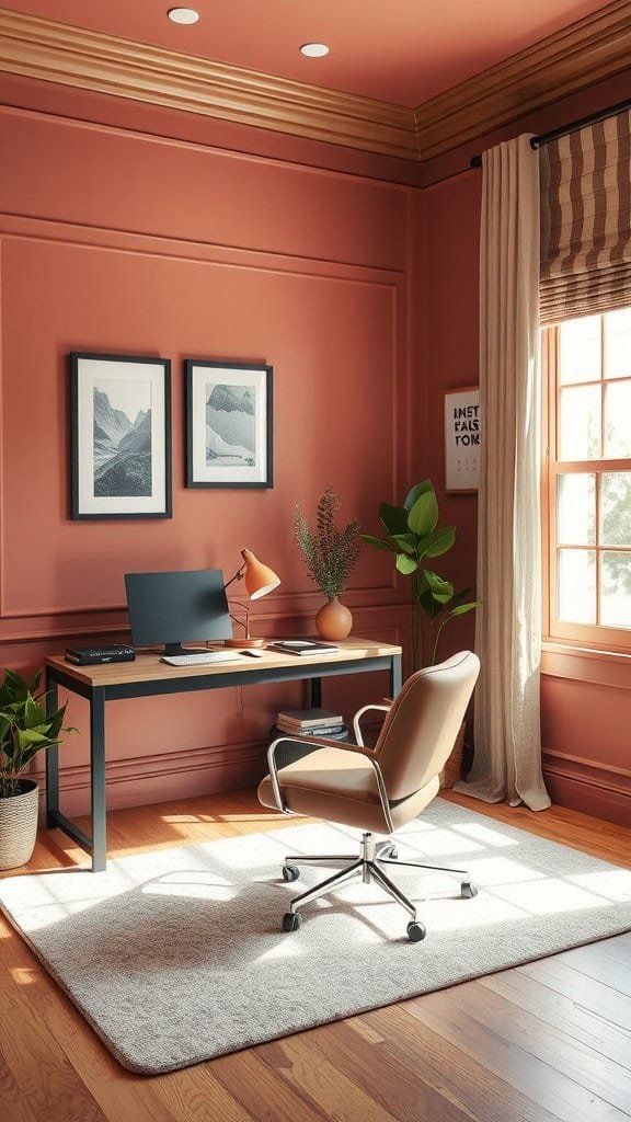 A cozy home office with a desk, chair, and warm peach walls, featuring plants and natural light.