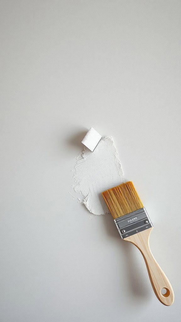 A paintbrush on a grey wall with a small area of paint applied.