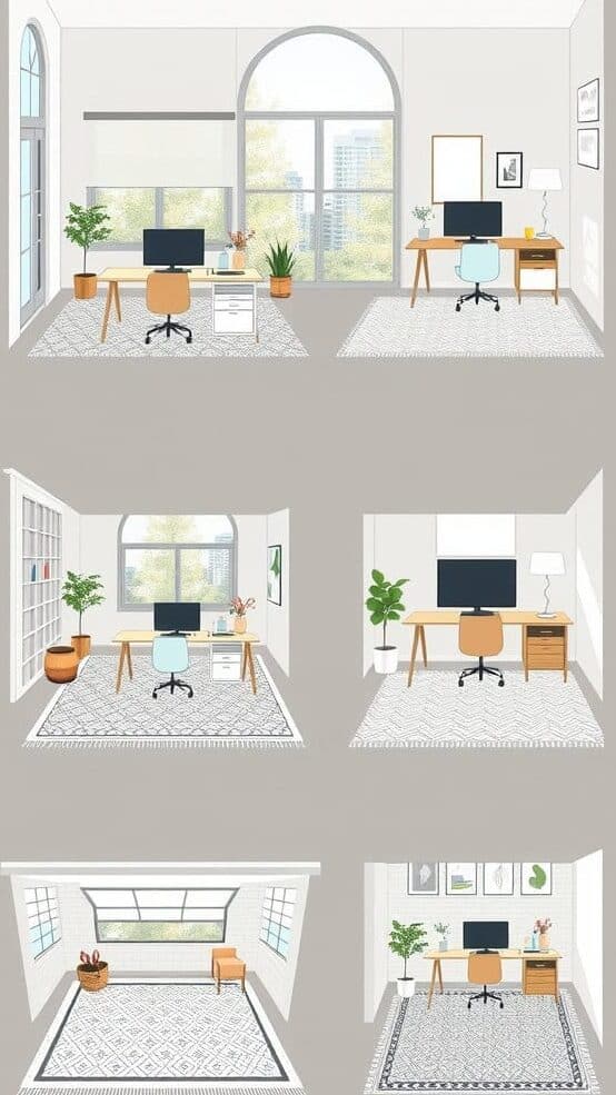 Illustration of different office layouts showcasing various desk sizes and arrangements.