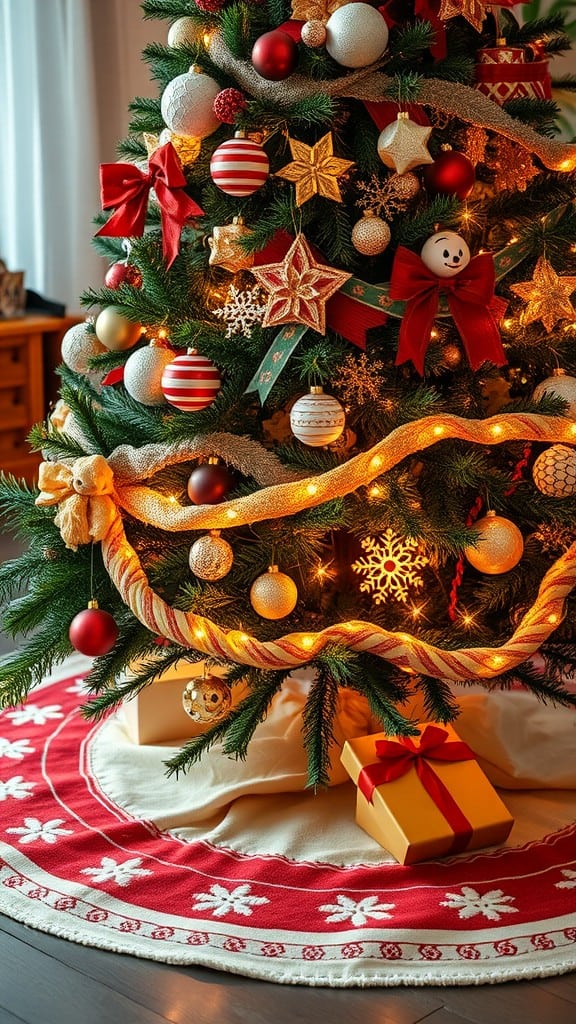 A beautifully decorated Christmas tree with a red and white tree skirt and wrapped gifts underneath.