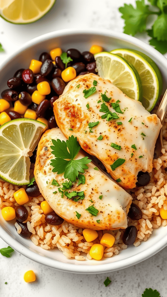 Cilantro lime chicken bowl with rice, black beans, corn, and lime slices