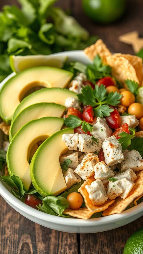 A vibrant bowl of cilantro lime chicken salad featuring sliced avocado, grilled chicken, tomatoes, and crispy chips.