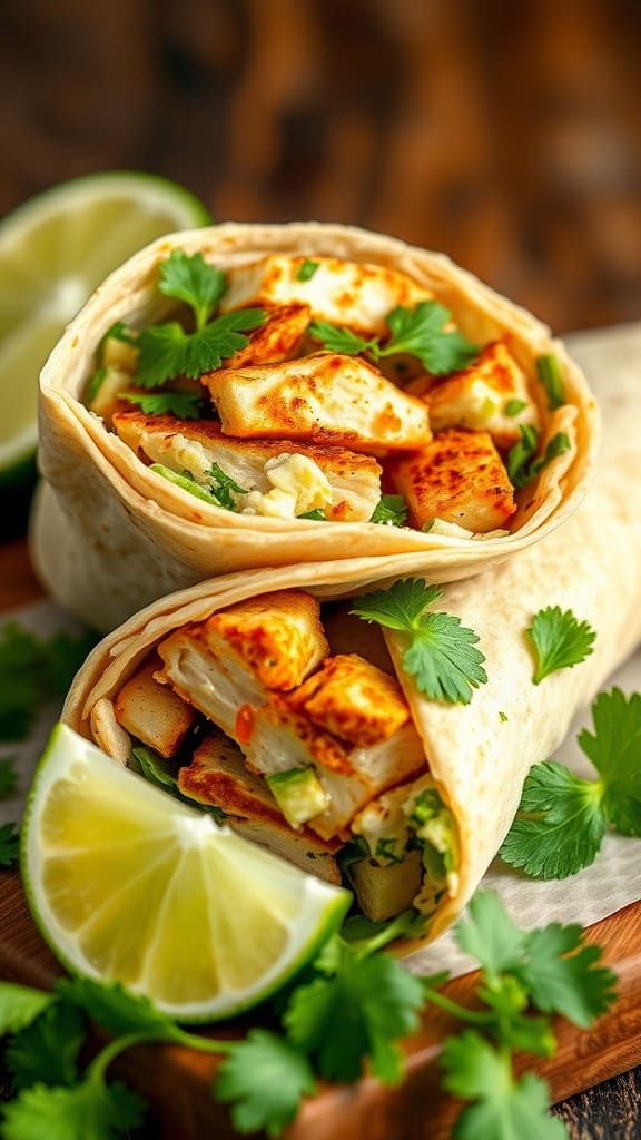 A close-up of a Cilantro Lime Chicken Wrap with fresh ingredients and a lime wedge.