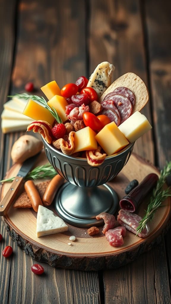 A beautifully arranged charcuterie cup filled with cheeses, meats, and garnishes.