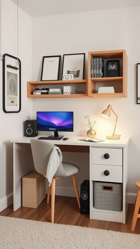 A well-organized desk setup in a dorm room with storage solutions