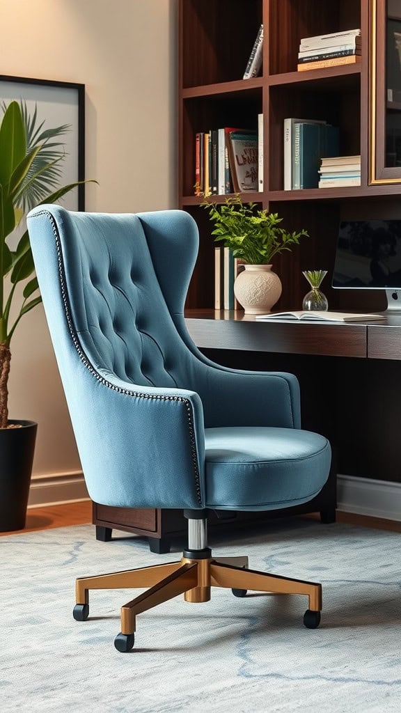 A cloudy blue upholstered chair beside a modern desk and bookshelves.