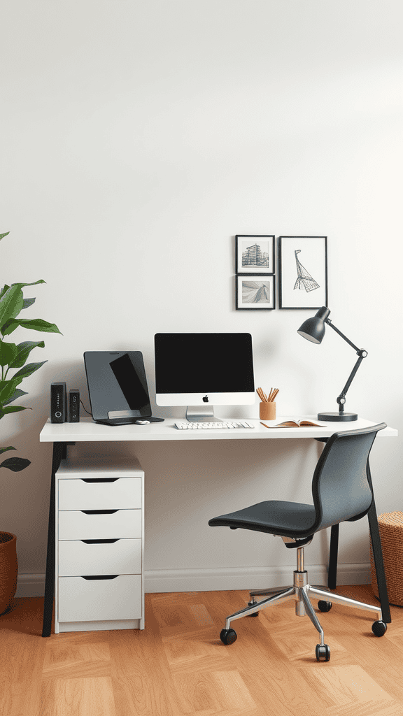 Clean and organized workstation with a computer, lamp, and minimal decor.