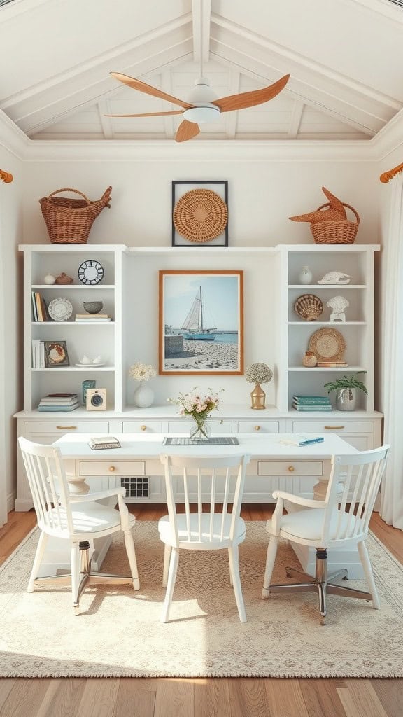 A bright home office with a central desk, decorated in a coastal style featuring white furniture and nautical decor.