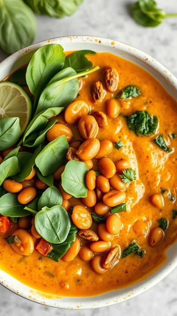 A vibrant coconut curry lentil bowl topped with fresh greens and a slice of lime.