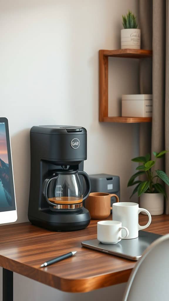 A modern coffee station with a coffee maker, mugs, and plants on a desk.