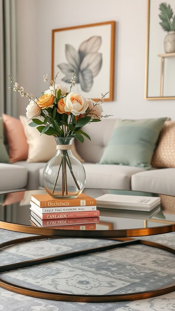 A stylish coffee table with a vase of flowers and stacked books