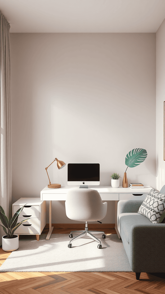 A modern home office with a light color palette, featuring a desk, computer, and plants.