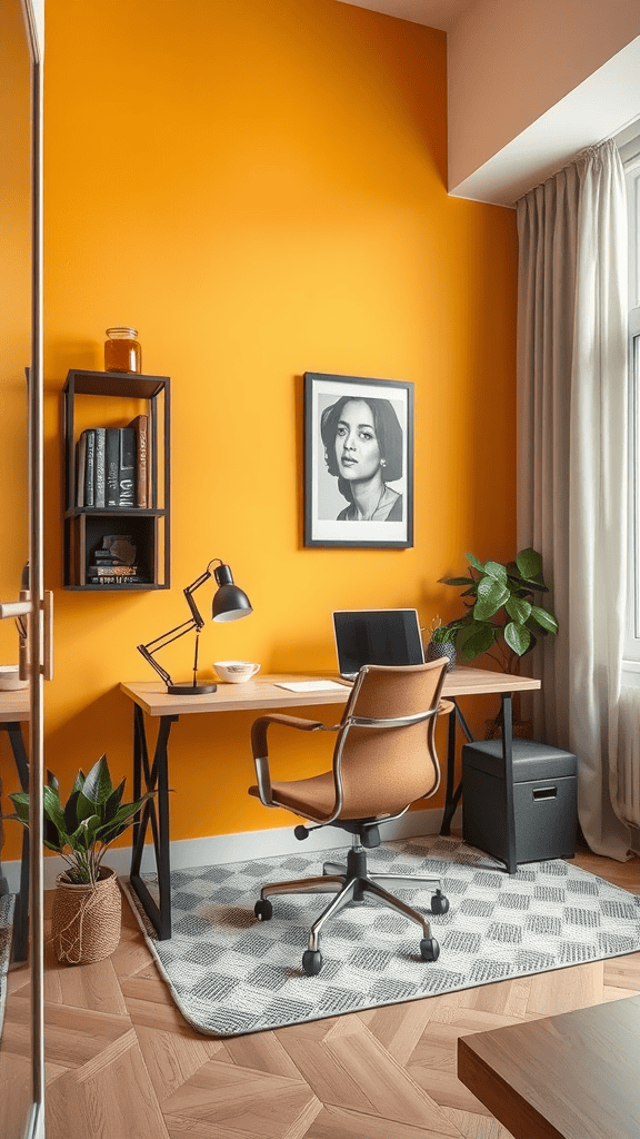 A cozy home office with an orange accent wall, desk, chair, and plants.