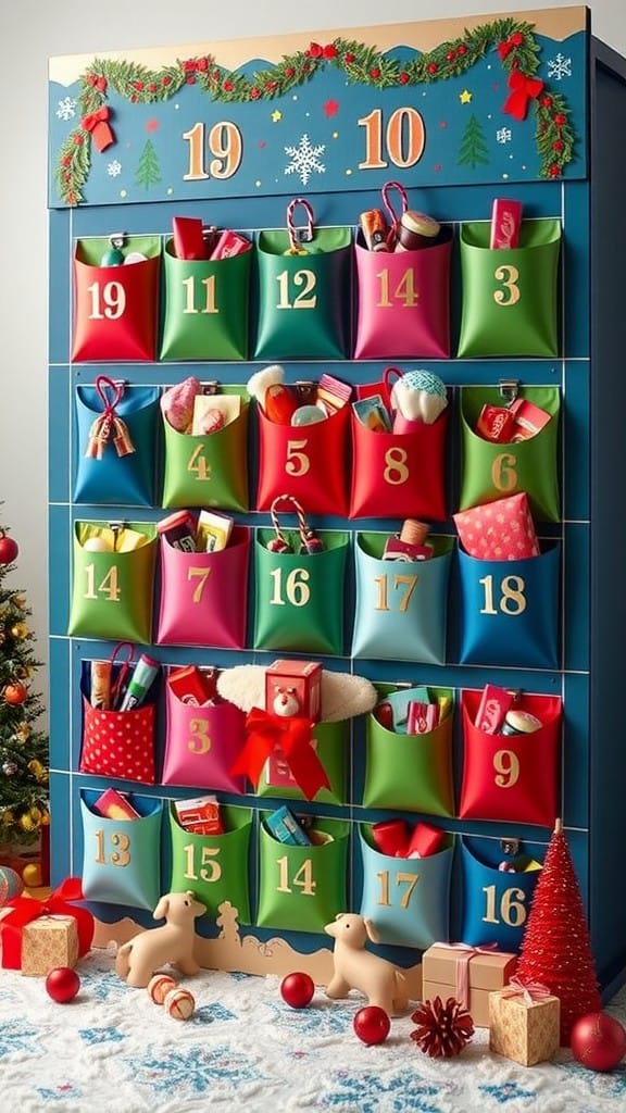 A colorful advent calendar with numbered pockets filled with gifts, surrounded by festive decorations.