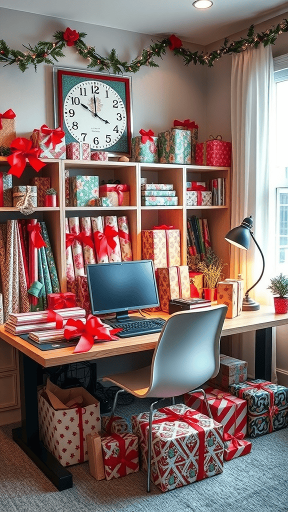 A cozy Christmas wrapping station with colorful gift wraps and decorated presents.