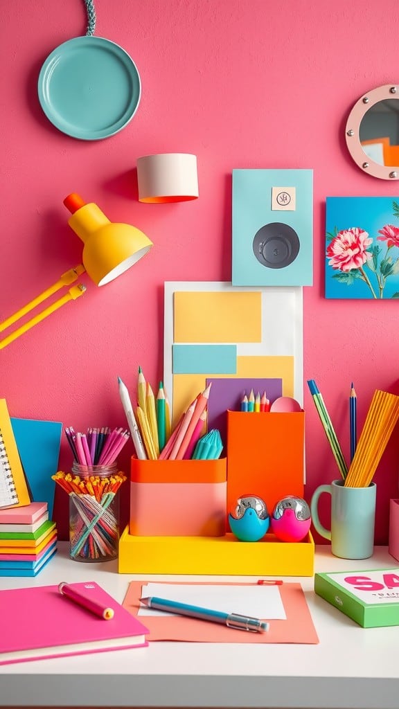 A colorful desk setup featuring various stationery and decorative items against a pink wall.