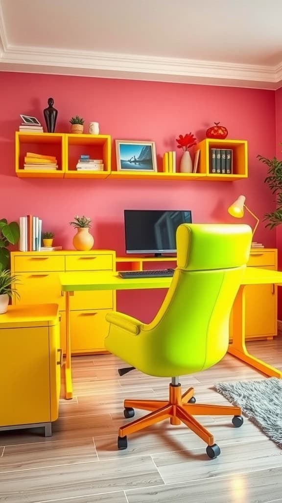 A bright workspace featuring yellow and green neon furniture against a pink wall.