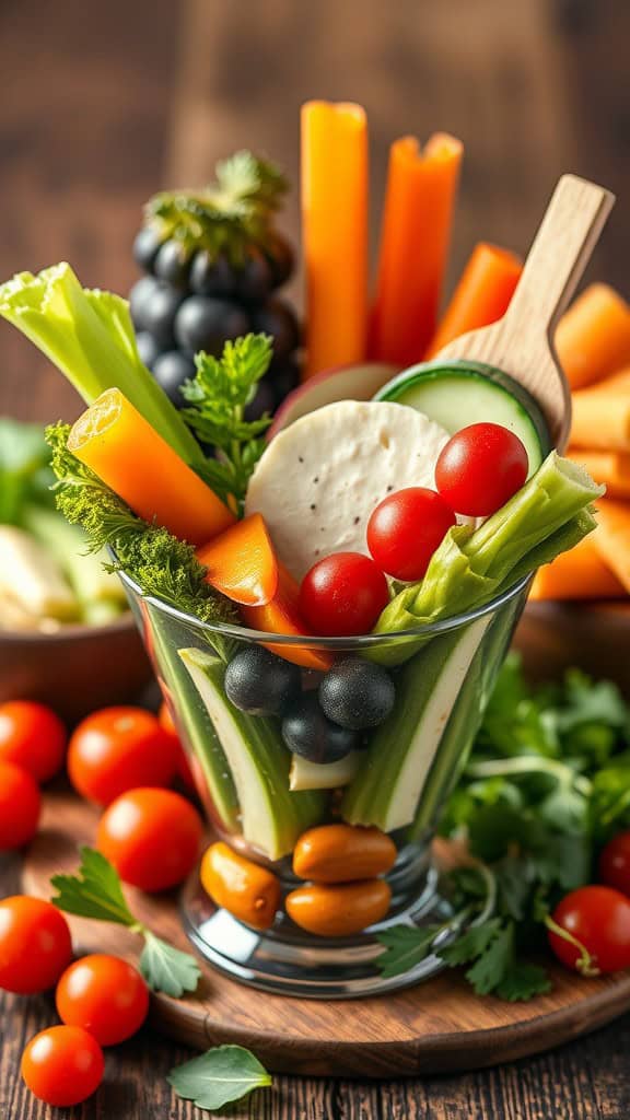 A vibrant veggie cup filled with celery, carrots, cherry tomatoes, cucumber, and olives, surrounded by fresh vegetables.