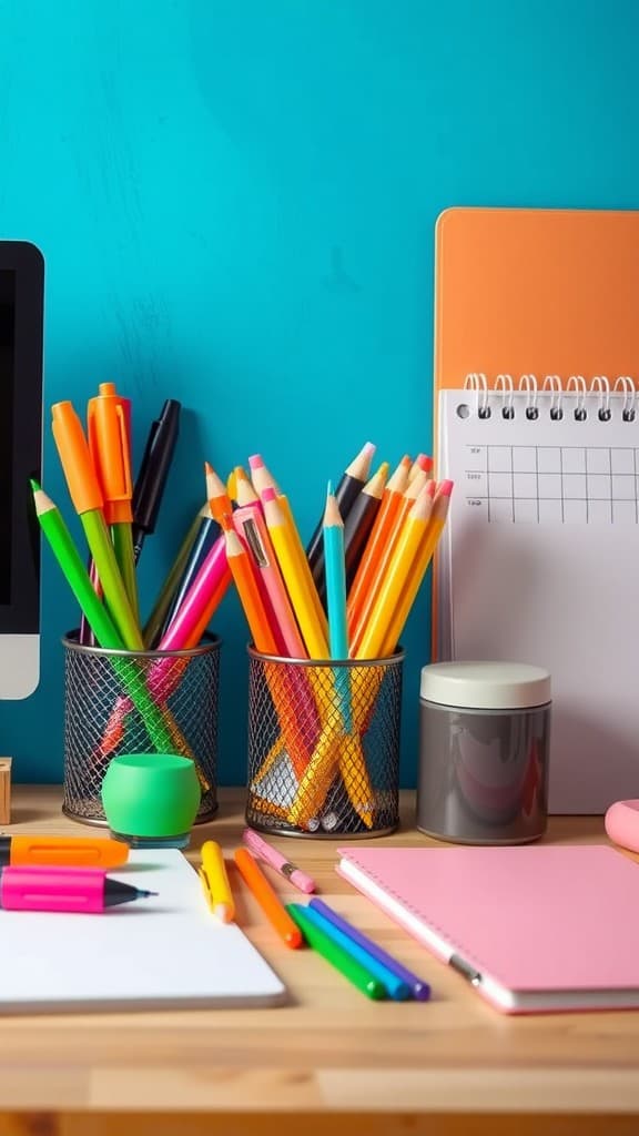 A vibrant workspace with colorful stationery, featuring pens, pencils, a calendar, and notebooks.