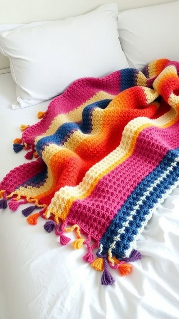 Colorful striped blanket with tassels draped over a white bed.